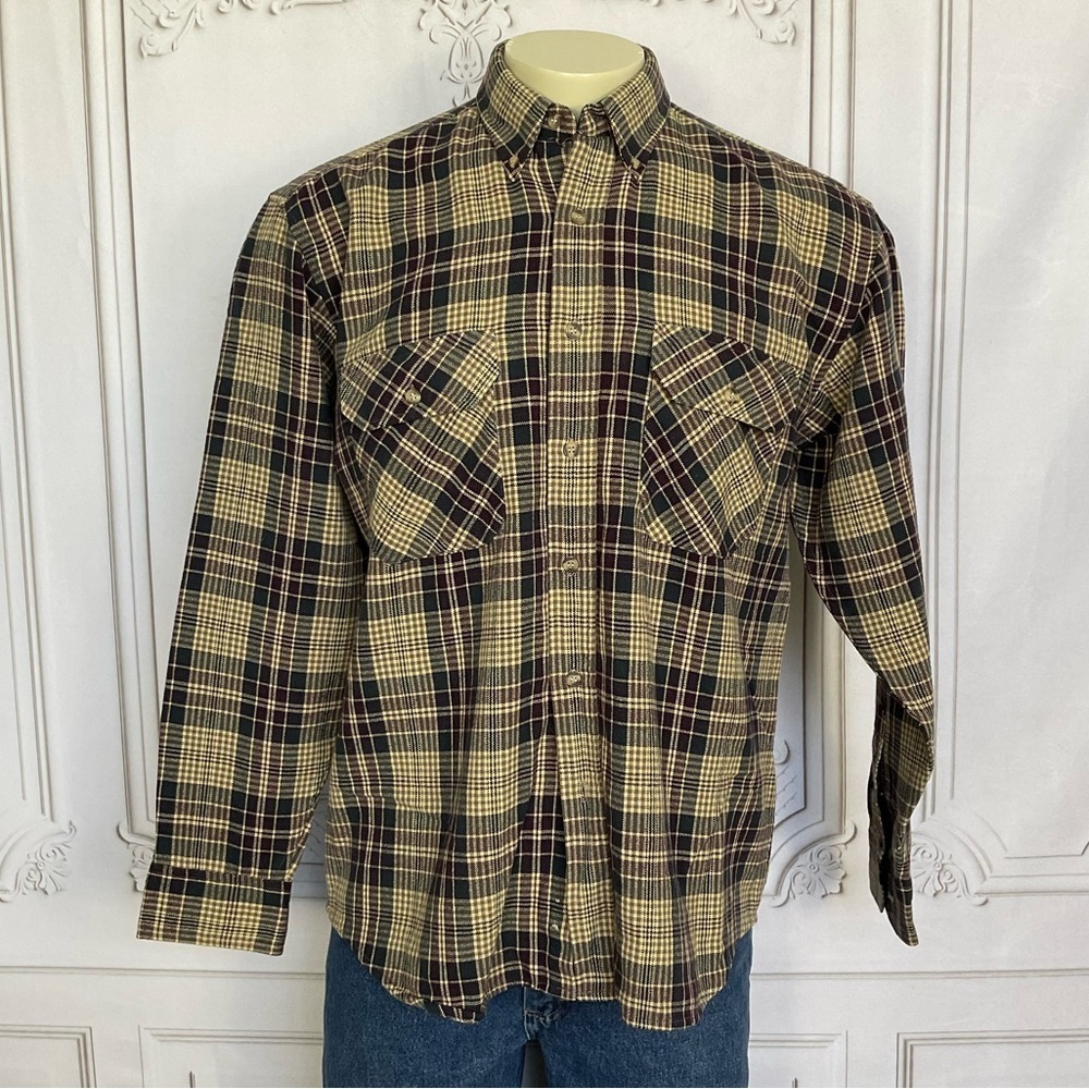 Vintage Outdoor Exchange Plaid Fannel Shirt Mens Size Medium Purple Beige Green
